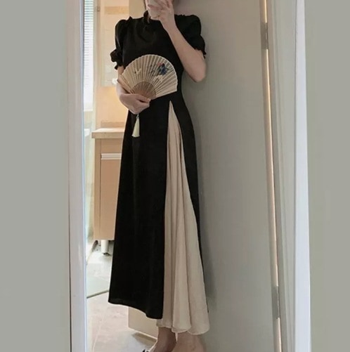 チャイナドレス風 ハイウエスト シンプル セクシー ワンピース ワンピドレス ミモレ ミモレ丈 ロング ロング丈 ミディアム丈 ミドル ミドル丈 袖あり 半袖 ボリューム袖 パフスリーブ 萌袖 7,345円