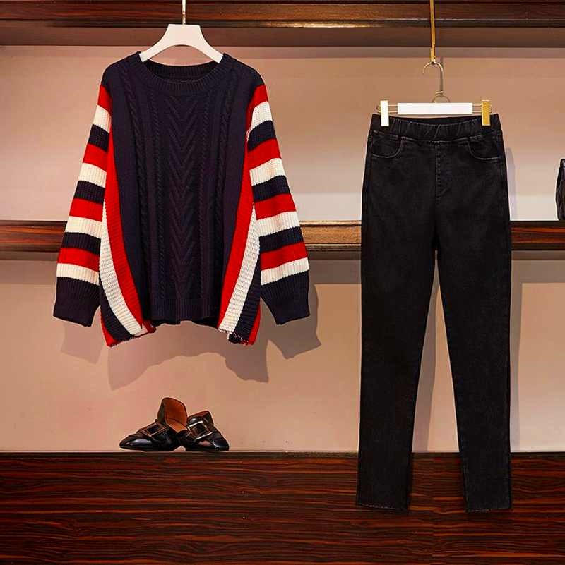 送料無料トップス デニムパンツ 2枚セット セットアップ大きいサイズ レディース ニット 上下セット set スウェット スエット sweat ルームウェア ジャージ 秋冬 setup