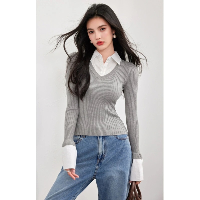 長袖 ニット カットソー レディース 春季 ショルダー パネル デザイン リブ 伸縮性 スリム フィット 薄手 おしゃれ
