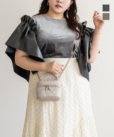 大きいサイズ レディース LL 3L 4L XL XXL XXXL フェイクレザーフリル袖ベロアトップス