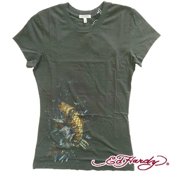 セール200種類の品揃え エドハーディー レディース チュニック Tシャツ　半袖　Ed Hardy KOI FISH 鯉　チャコール　グレー ワンピース エドハーディー 正規品 LAセレブ