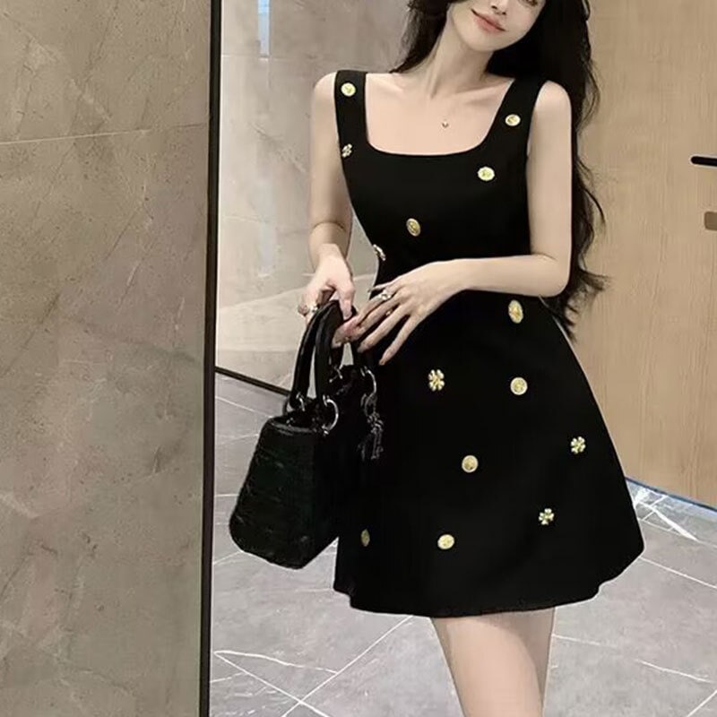 装飾付き ノースリーブワンピース ミニワンピース サマードレス. ブラックワンピース ノースリーブ ワンピース ドレス ミニ丈 膝上 可愛い 上品 トレンド お呼ばれコーデ パーティー デート