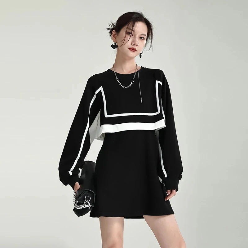【人気商品】ブラックスウェット ワンピース おしゃれ デザイン ロングスウェット レディース トップス