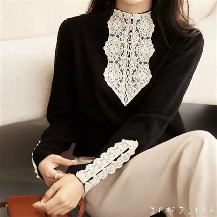 セーター トップス 3色 ロング丈 長袖 ハイネック Aライン フレア プルオーバー レース 異素材切り替え ドッキング ブラック ホワイト ベージュ 大人カラー モノトーン カラバリ かわいい 大人