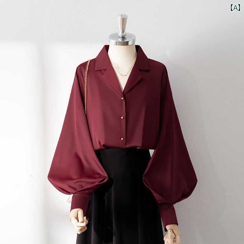 レディース シャツ ブラウス 長袖 春秋 サテン風 開襟スーツ襟 ワインレッド フレンチ ランタンスリーブ 金ボタン装飾 シングルブレスト フェミニン クラシック エレガント スタイリッシュ