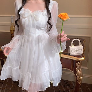女性のエレガントな韓国のロリータドレス白い甘い妖精のドレス女性の弓姫カワイイパーティースクエアカラー