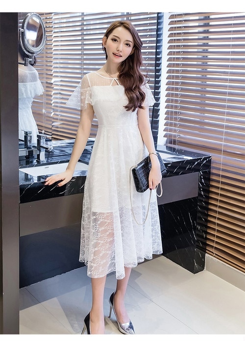 A1078.Uネックシースルーレースワンピース（ホワイト）2019 春夏 sale 春夏 sale ドレス 半袖 フレア フリル エレガント お呼ばれ 結婚式 披露宴 パーティー 女子会 レストラン
