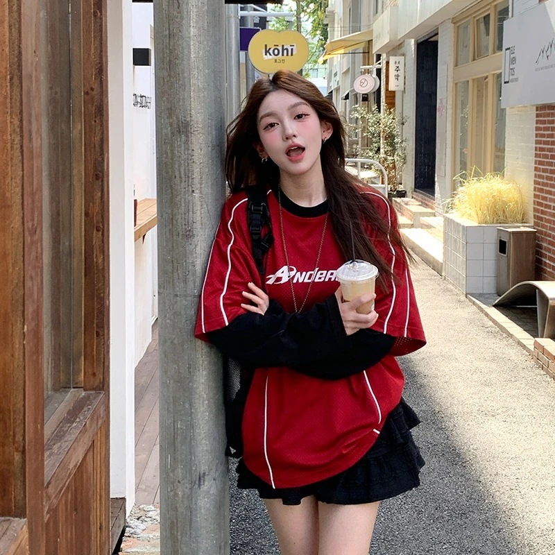 春夏 韓国可愛い風フェイクツーピーストップスTシャツK-POPファッション長袖ストリート系サイド丈シルエットシャツ衣装レディースサイズVネックユニセックスおしゃれカジュアル春ダンスラグラン配色