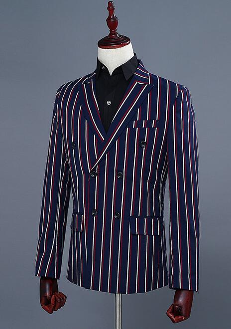 ボタンメンズスーツセット　上下2点セット　タキシードジャケット+パンツ　ストライプ柄　紳士服　舞台演出スーツ　司会者　撮影衣装　結婚式　二次会　カラオケジャケット　ステージ演出スーツ　パーテ