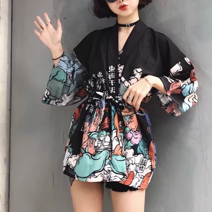 レディース ジャケット アウター 上着 和風 羽織 着物 前開き 和柄 和服 長袖 半被 7分袖 襟なし ノーカラー ワイド オーバーサイズ 花火大会 文化祭 演劇 シンプル カジュアル 粋 漢字