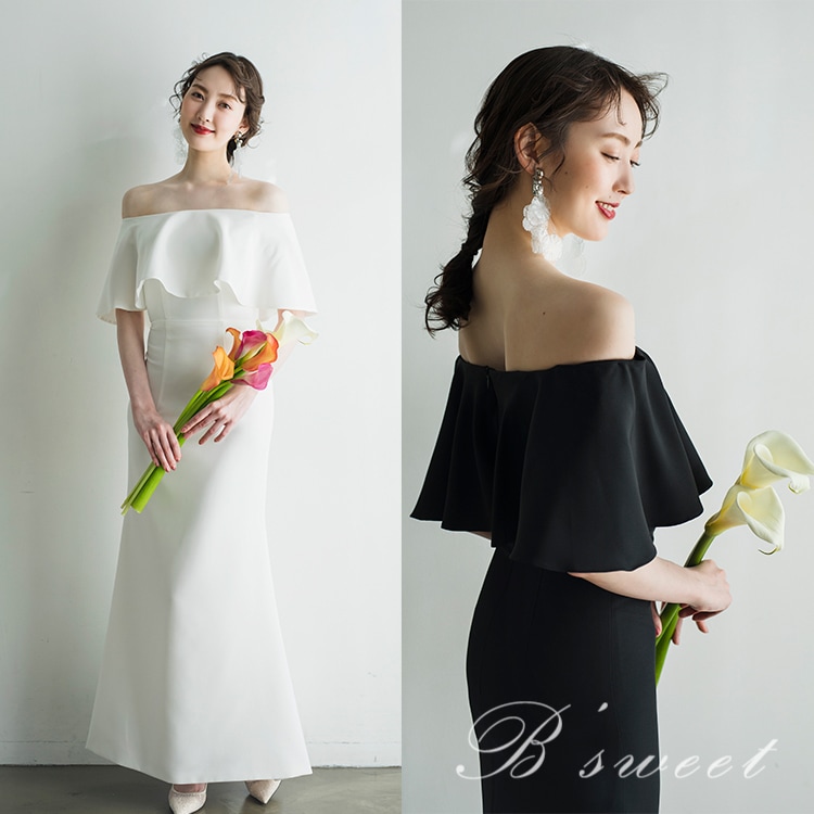 【オーダーメイド可】ウェディングドレスマーメイドオフショルダーブラックホワイト白二次会ロング花嫁ドレス前撮り結婚式お呼ばれ演奏会ピアノ発表会パーティードレス