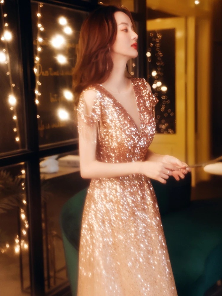 バンケットイブニングドレス 2024 スパンコールスリムフィット学生美術試験ホスト気質ドレス