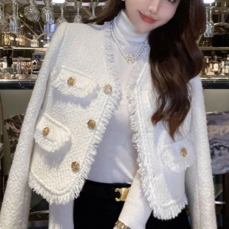【ハイエンドシリーズ】小香風コート春秋新モデル軽奢感ツイードフレンチ洋風白短い上着女性
