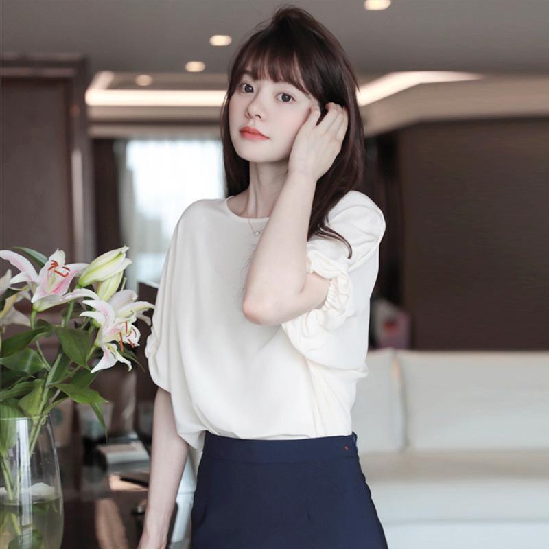 ブラウス レディース シャツ 夏 半袖 3点セット シフォン パフスリーブ キャミソール Uネック トップス 上品 通勤 大人 OL オシャレ30代40代50代