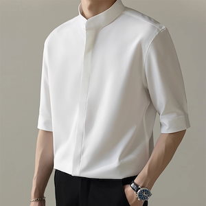 新しい 立ち襟 シャツ メンズ ビジネス 通勤 ワイシャツ カジュアル オールマッチ 速乾 トップス 高級感 修身 半袖ブラウス