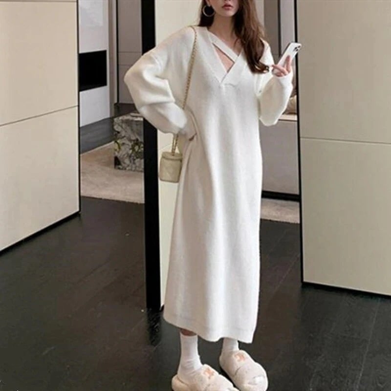 ワンピースドレスニットワンピ母の日 可愛いセクシーVネックニットワンピースロング長袖セーター韓国ファッション秋服レディースゆったり着痩せ効果 5,002円