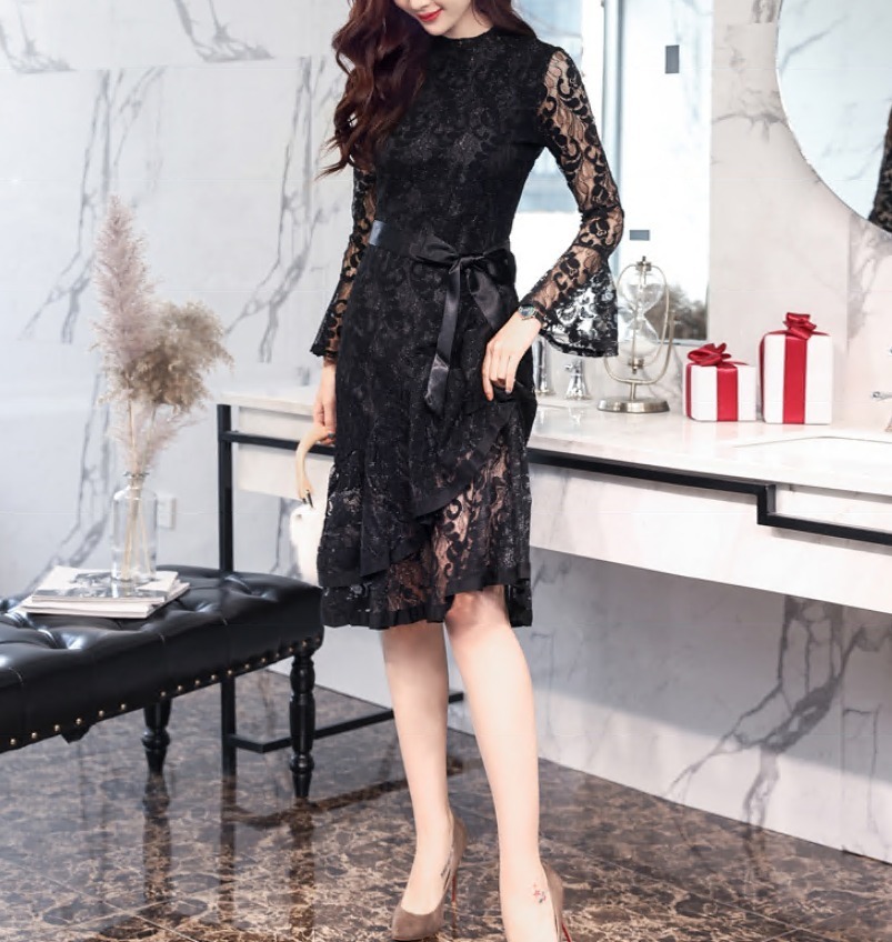 総レース ドレス マーメイド スリーブ フリルスカートフリル レース 夏 ボトミングレース