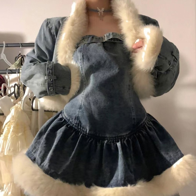 甘くてスパイシーなレトロデニムスーツレディース秋冬ファー裏地厚手ショートジャケットスリムウエストサスペンダードレスとパンツのツーピースセット