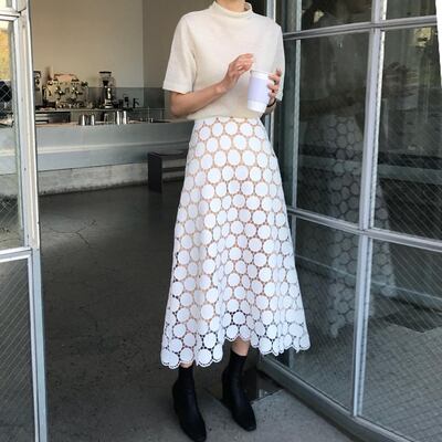 ボトムス ボトム おすすめ おしゃれ お洒落 激安 安い プチプラ スカート ロング スカート レース スカート ハイ ウエスト ミモレ 丈 マキシ丈 アンクル丈 ドット レース 美脚 韓国