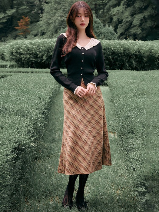 [IVE チャン·ウォニョン モデル着用] CHECK MIDI SKIRT BROWN 限定版 韓国の人気ファッションブランド