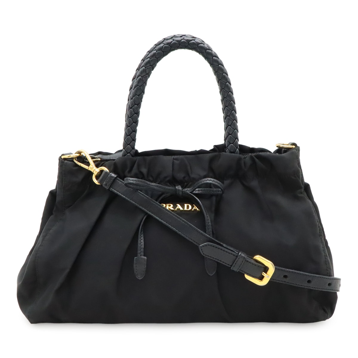 TESSUTO BOW ハンドバッグ 2WAY ショルダーバッグ リボン ギャザー ナイロン レザー NERO ブラック 黒 ゴールド金具 BN163