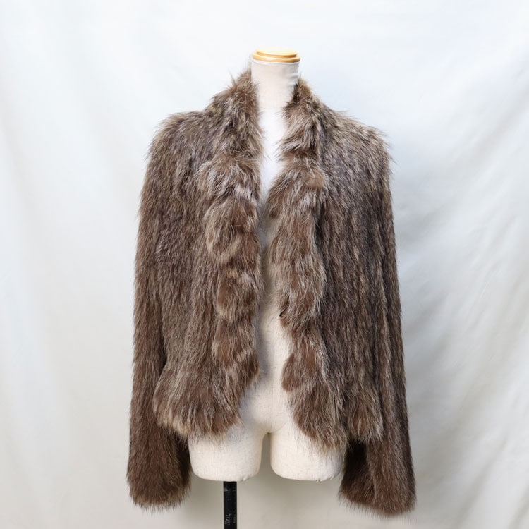 アメリカン ラクーン 編み込み フリル ファー ジャケット フィッシャーブラウン 送料無料 レディース ギフト プレゼント