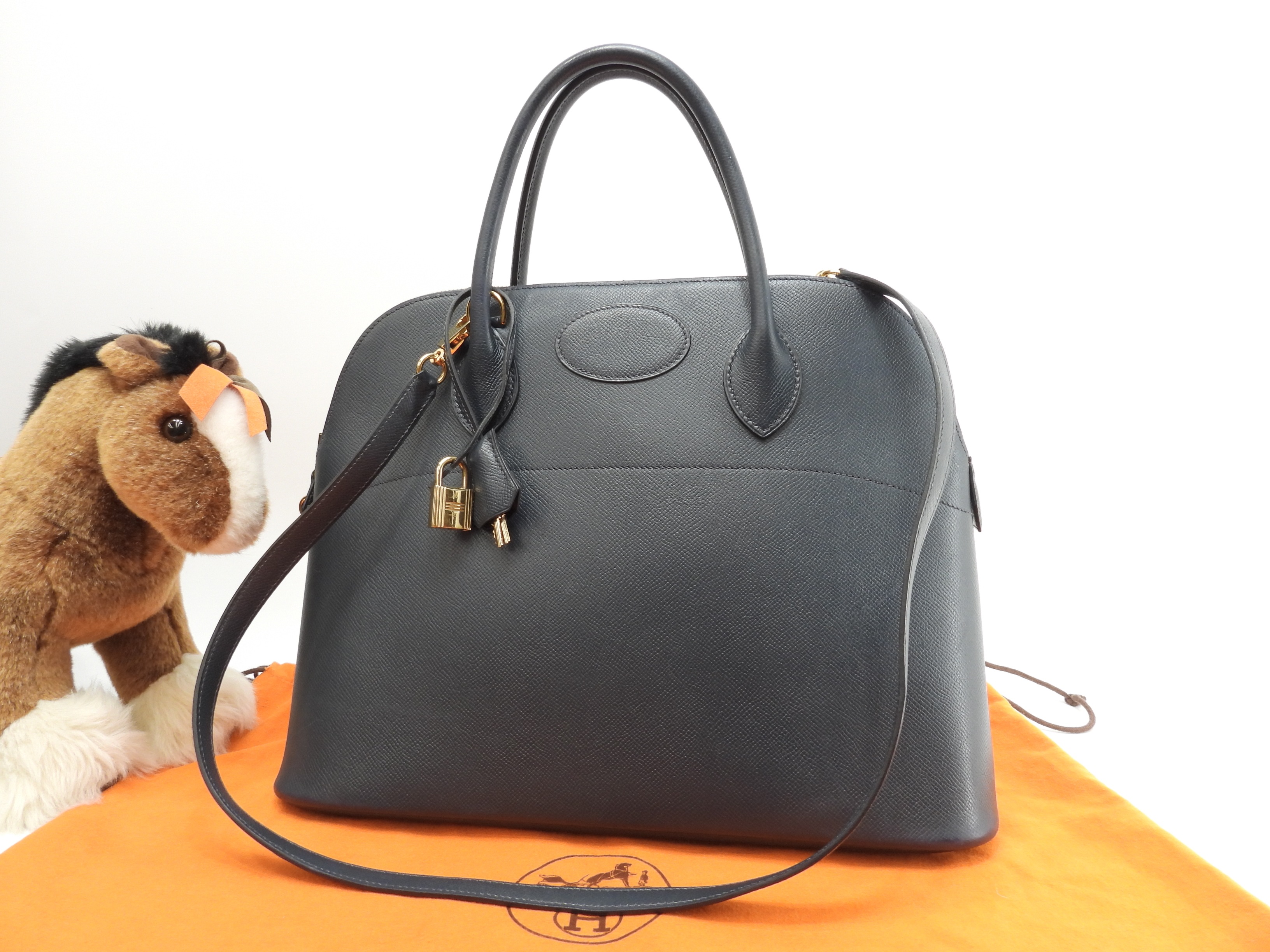 ボリード35 クシュベル紺 ゴールド金具 s付ハンドバッグ トートバッグ@D