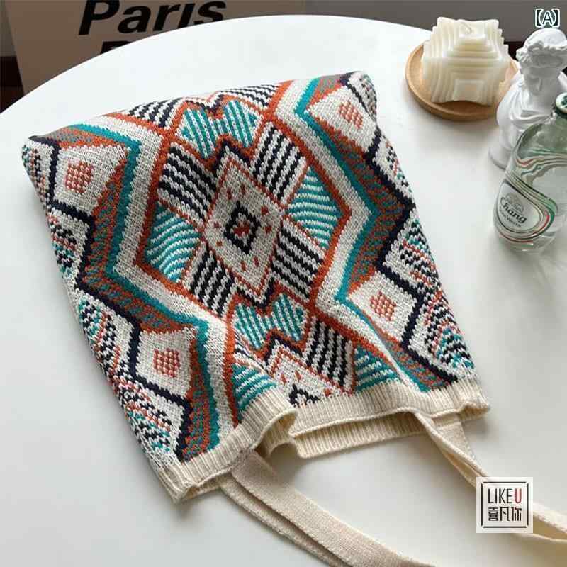 エスニック バッグ かばん 鞄 ニット ウール ショルダー トート A4 肩掛け ボヘミアン 大容量 スリム 柔らかい おしゃれ カジュアル アイボリー 青