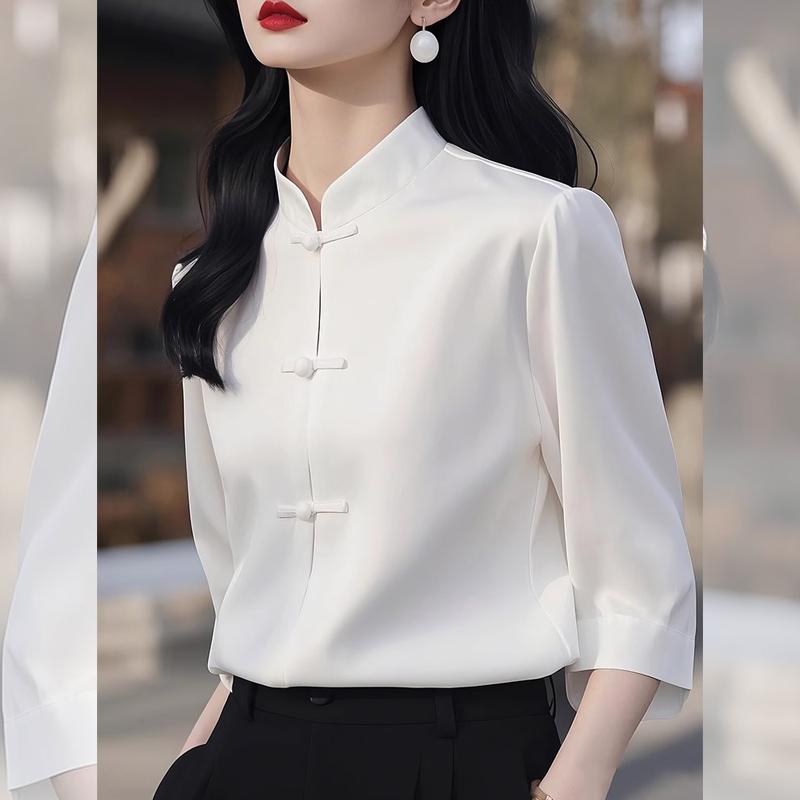 スタンドカラー シャツ レディース 長袖 おしゃれ 春秋 トップス 中国風 女性 ボタン 装飾 上品 オフィス ビジネス 韓国 無地 シンプル 普段使い お出かけ 白