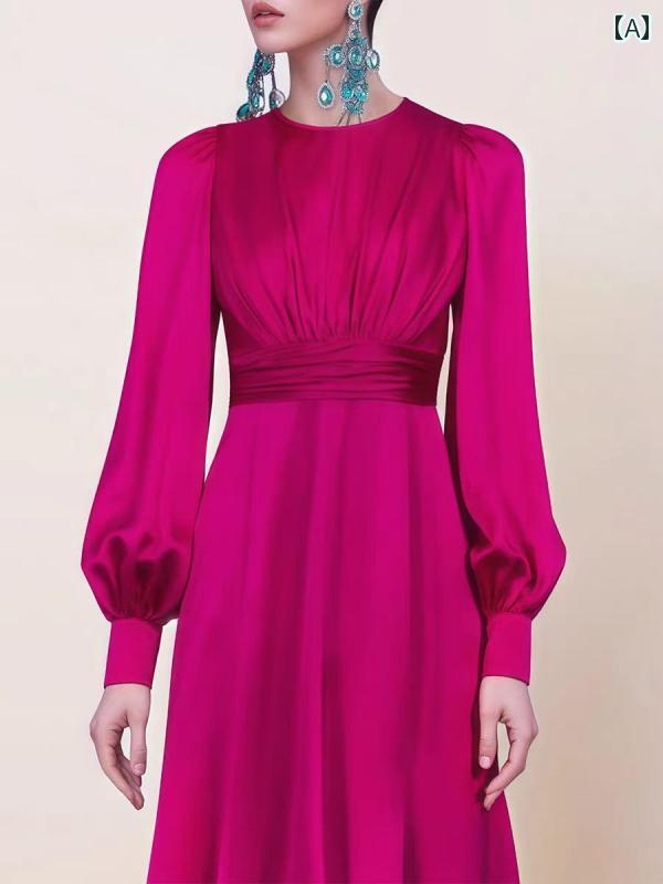 ドレス パーティー レディース フレンチローズ レッドサテンの 高級 長袖 パーティー 年次 総会 誕生日 パフォーマンス スリム トースト イブニングドレス スカート