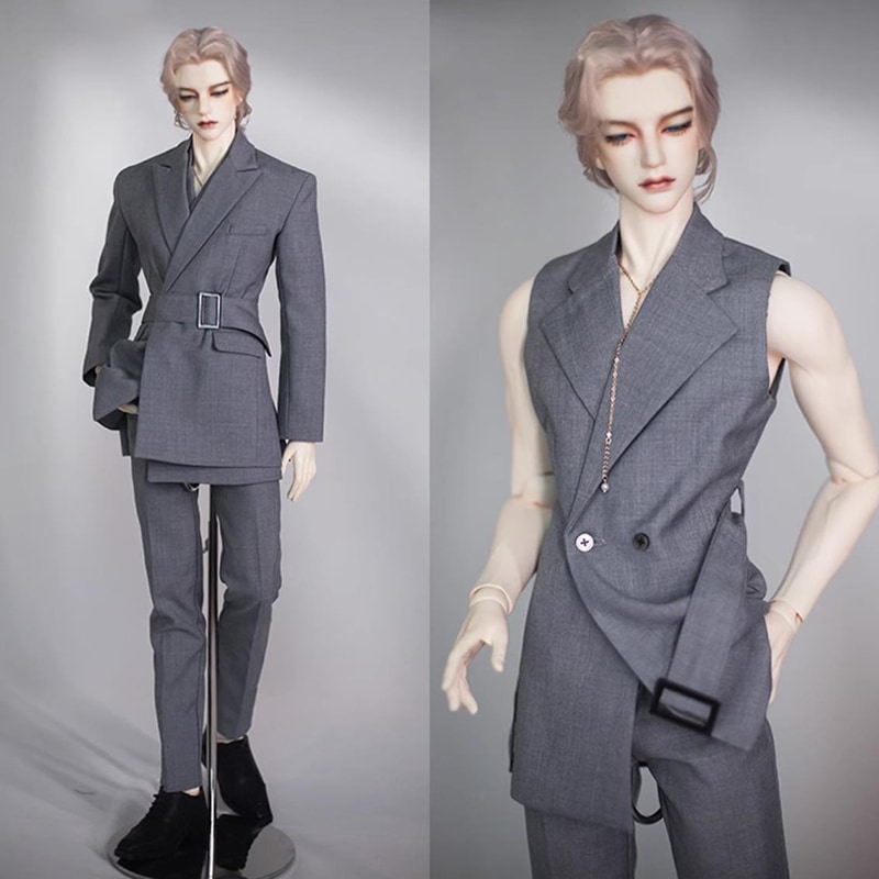 BJD ドール服 グレー ロングスーツ ベスト ベルト SD17/70cm/ID72/ID75/80cmサイズ球体関節人形用衣装 ドールウェア