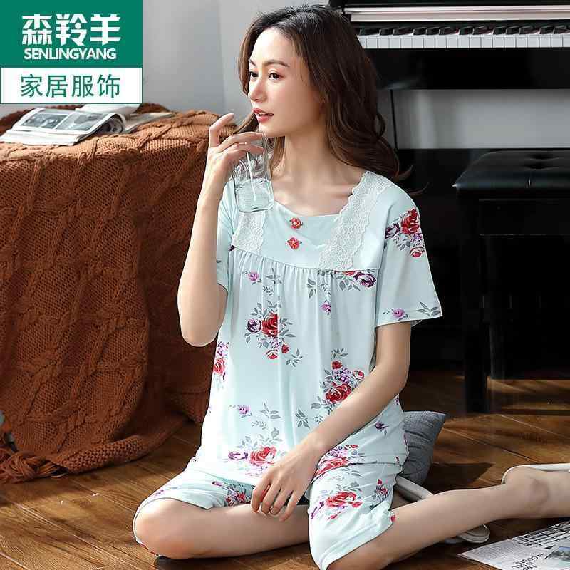 レディース 夏 カジュアル パジャマ ルームウェア ナイトウェア モーダル 半袖 スーツ ラウンドネック 母 クロップド リラックス ウェア