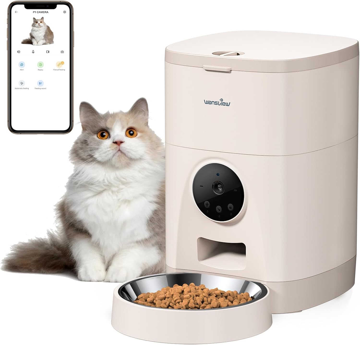 Wansview 自動給餌器 300万高画素カメラ付き カーキ色とベージュ色 4L大容量 音声録音録画可 スマート自動餌やり機 アプリ操作 高精細2Kペットカメラ 1日5食 タイマー式自動餌遣り器