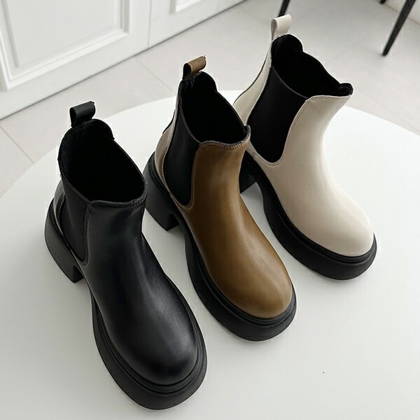 ショートブーツ 牛革 サイドゴア 厚底 レディース ハイヒール 太ヒール チャンキーヒール 黒 ブラック カーキー アイボリー 歩きやすい 痛くない 靴 婦人靴 韓国