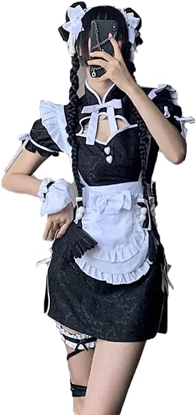 [CAWILXHA] チャイナワンピース コスプレ 黒 セクシー ロリータ ドレス 服 チ