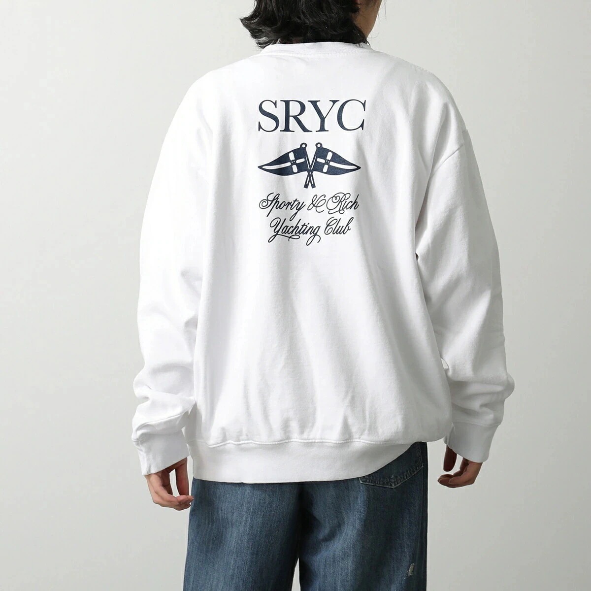 SPORTY＆RICH スポーティアンドリッチ トレーナー CR884 メンズ スウェット 長袖 クルーネック 裏起毛 コットン ロゴ オーバーサイズ ホワイト