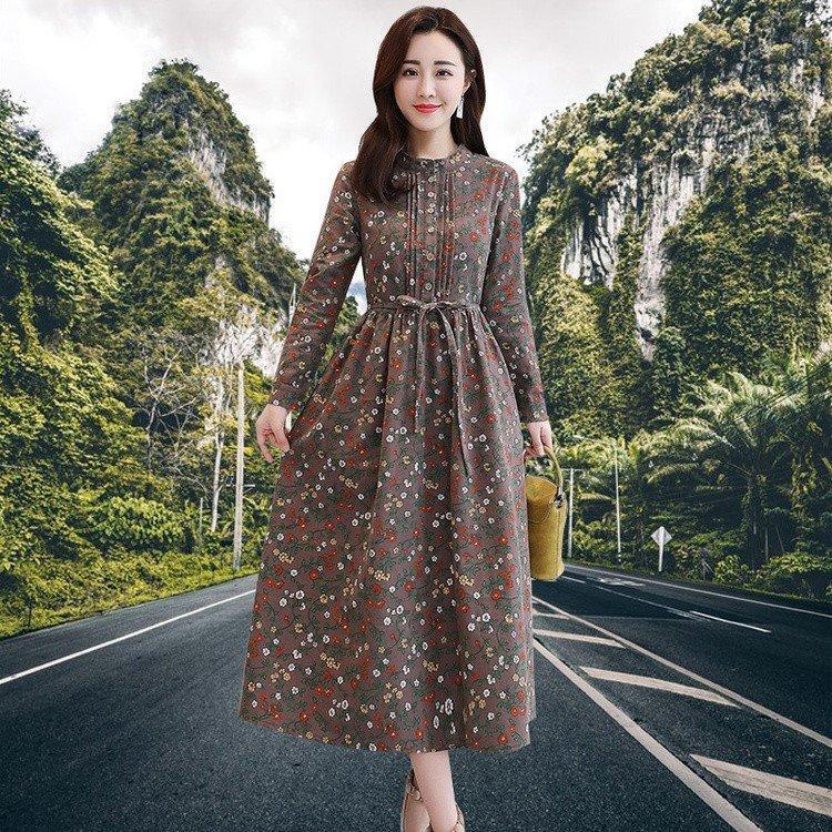 ワンピース 長袖 柄物 柄 レディース ミモレ丈 ロング丈 ロングワンピース お洒落 お呼ばれ 花柄 ハイウエスト 春 秋 リボン