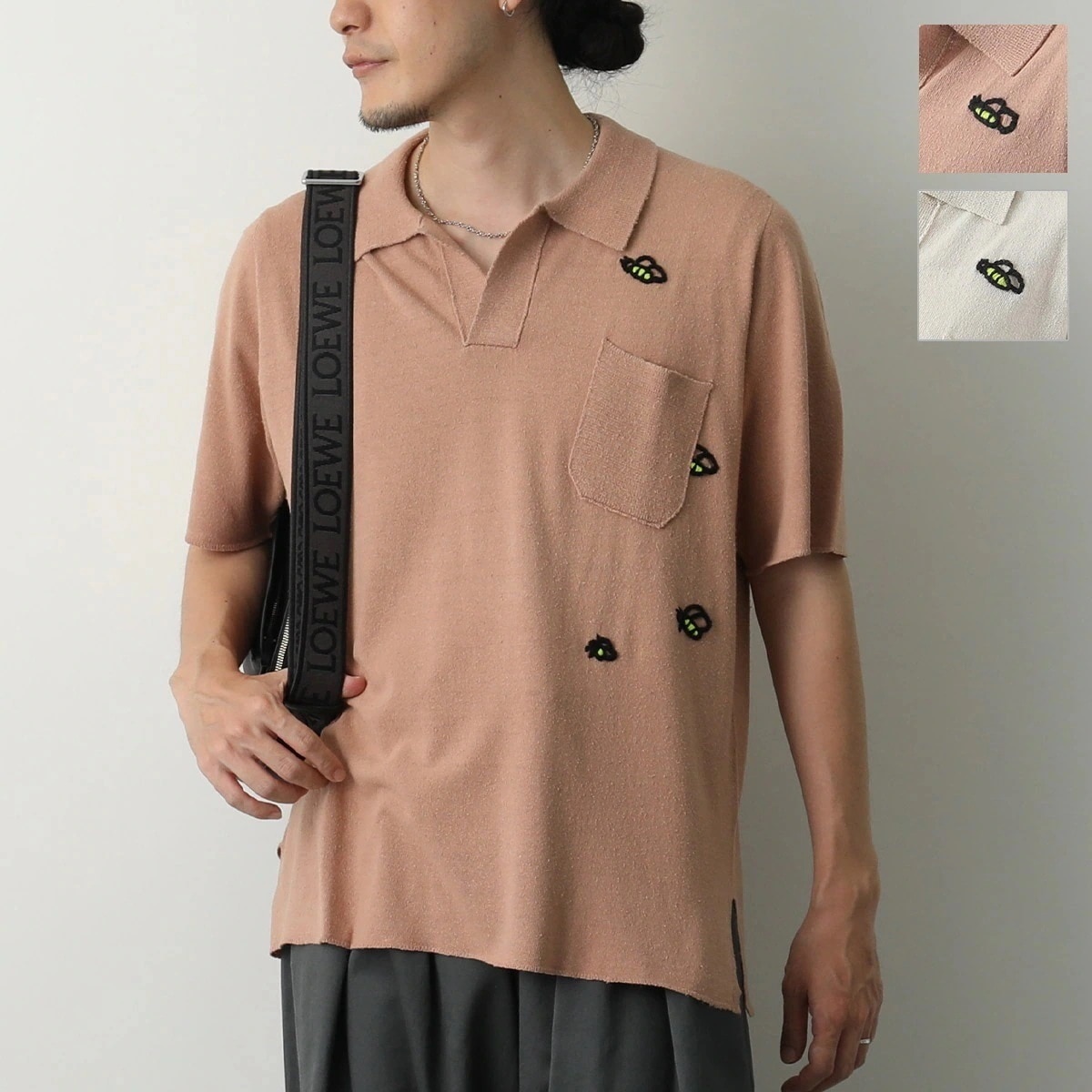 LONGO ロンゴ ポロシャツ S022211L メンズ サマーニット シャツ イタリア製 シルク 5分袖 胸ポケット 刺繍 ハチ カラー2色