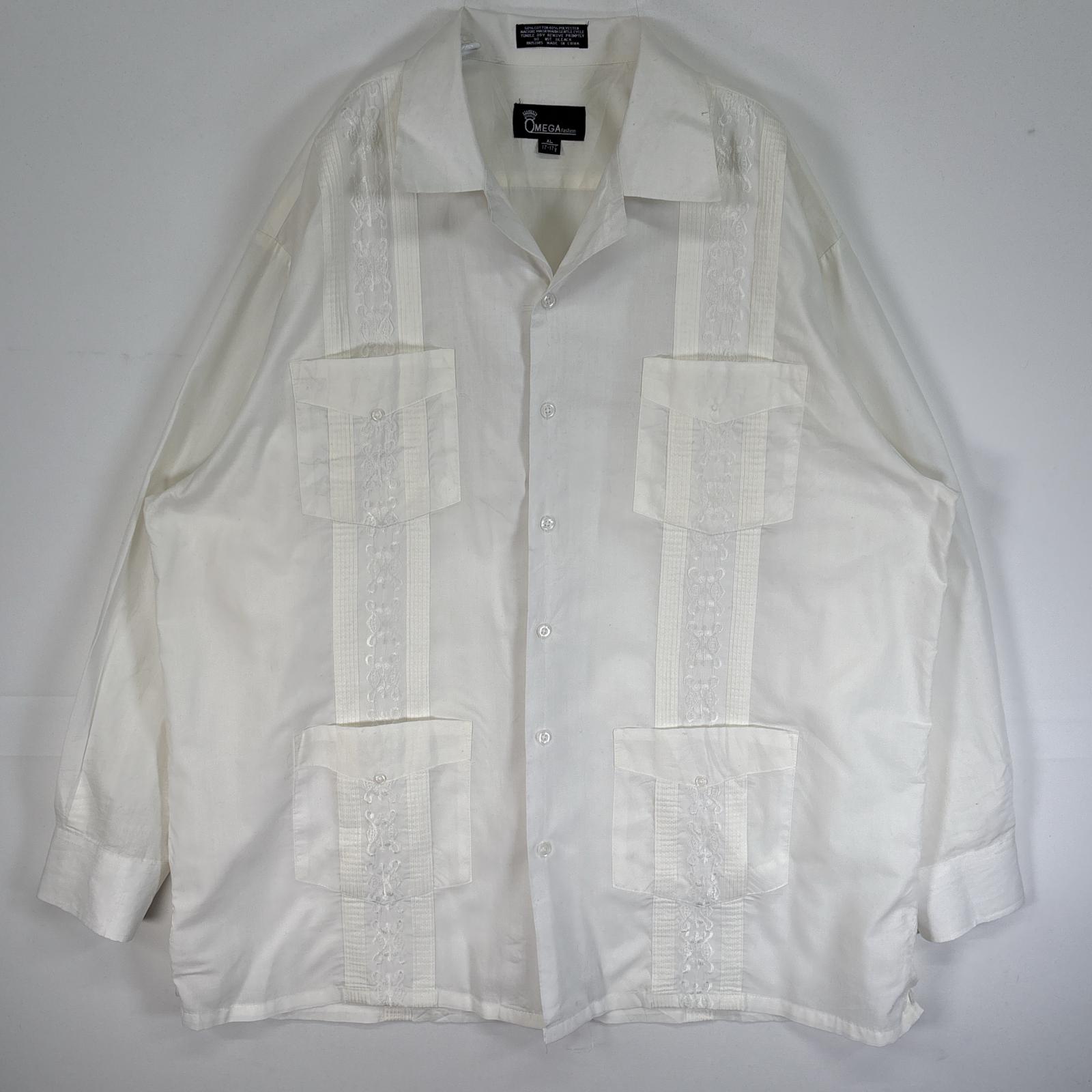 古着 長袖シャツ キューバ 刺繍デザイン 4つポケ XL 17-17 1/2 ホワイト 総柄 メンズ