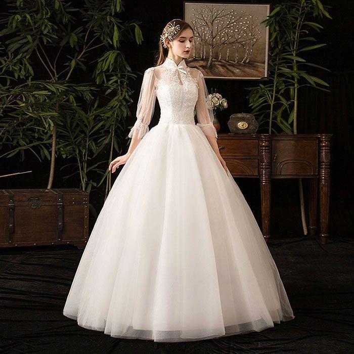 結婚式ドレス ウェディング ドレス 花嫁ドレス 長袖 ウェディングドレス シースルー Aラインドレス 立ち襟 レース 花柄 クラシカル 花レース 二次会 編み上げ ベ30%までに制限