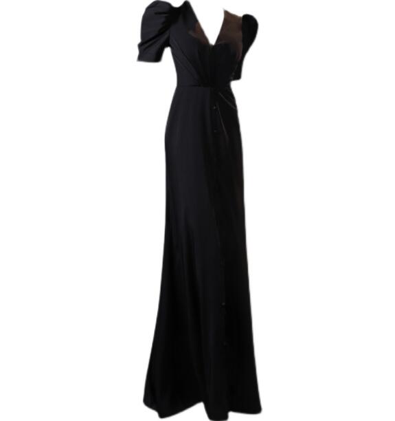 美品　パーティードレス　黒　Vネック　演出　二次会　結婚式　ロングドレス　半袖　披露宴　キャバ嬢