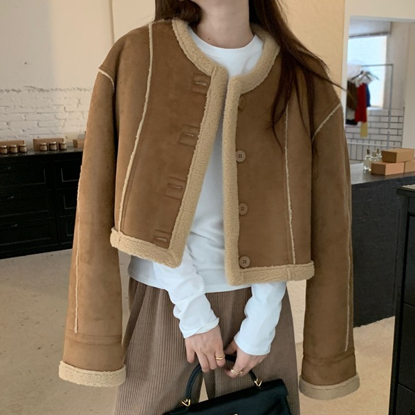韓国ファッション ウール裏地 スエード クロップ ムートン ジャケット 6,954円