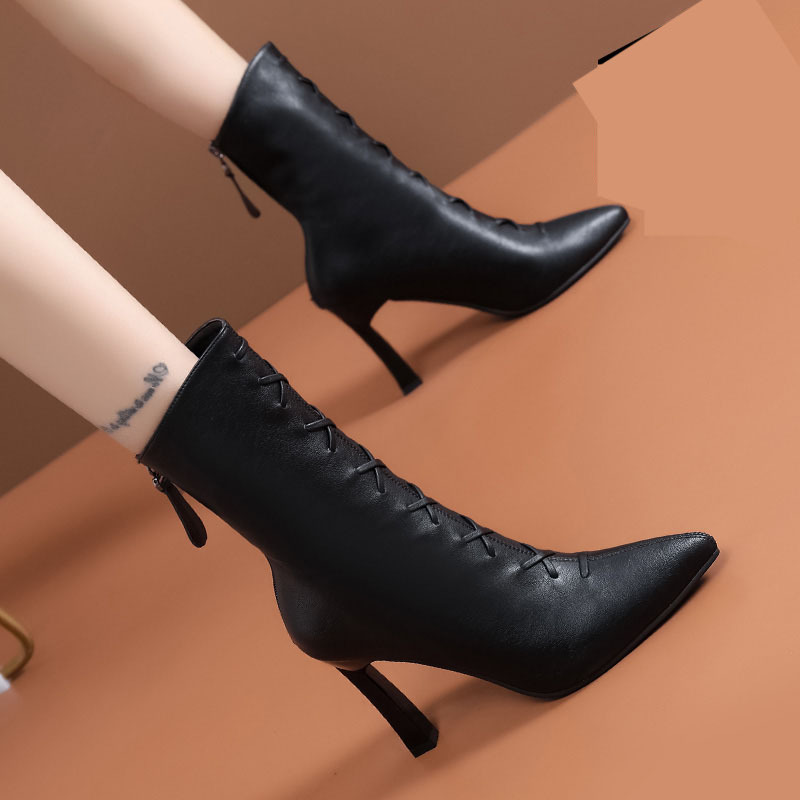 レースアップハイヒールブーツ マーティンブーツ ブーツ ハイヒール ミドル丈 レザーブーツ. PUレザー. a3602