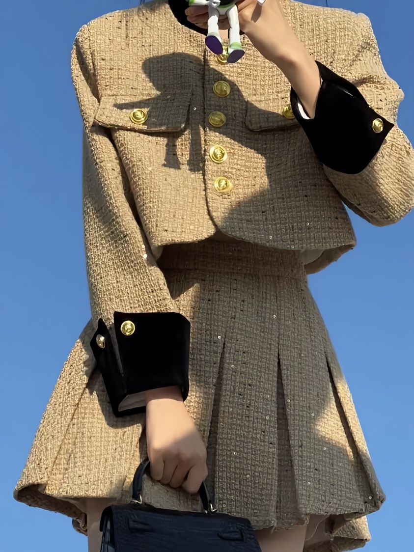 セットアップ 韓国ファッション 春秋冬ジャケット涼しく楽ちんセットアップカレッジスタイルシャオシャンプリーツスカートスーツ厚みのある春秋冬のホットガール気質フレンチスタイルドールカラーショートウールジ