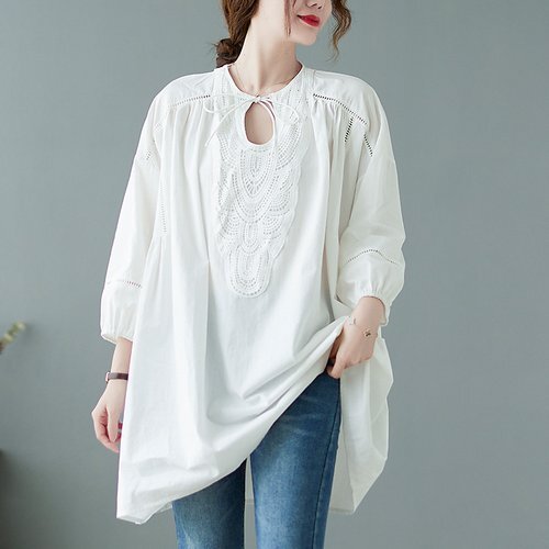 刺繍トップス シャツレディース トップス 女性 長袖 ホワイト サイズ：FREE 2451