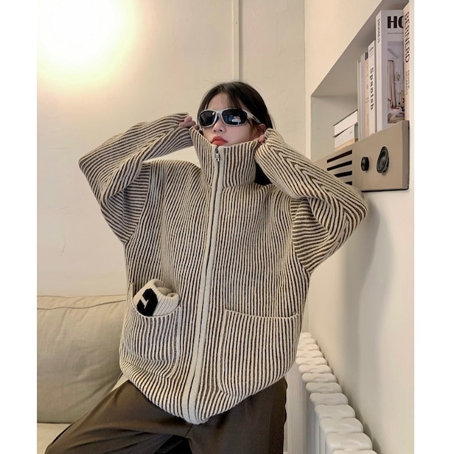 スタンドカラーニットジャケット