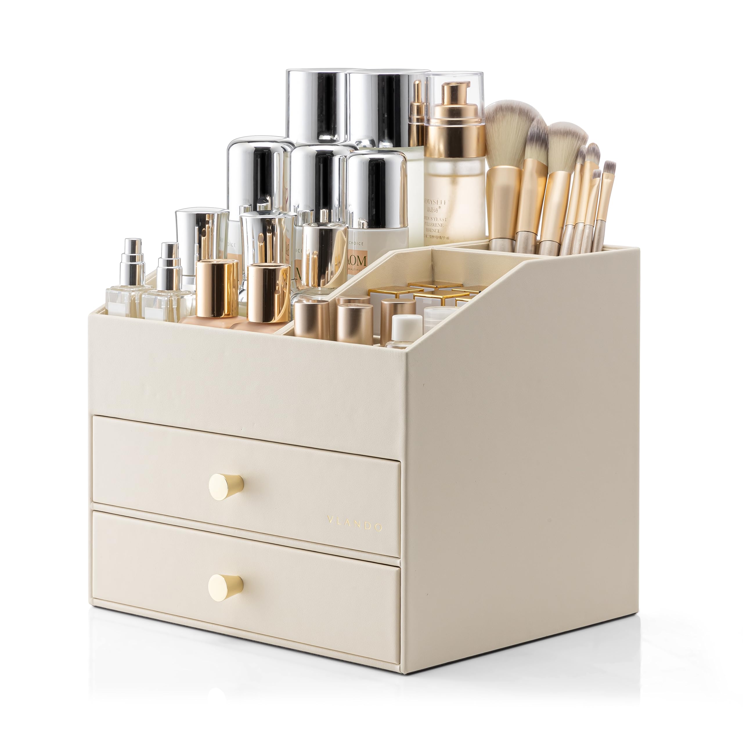 Vlando メイクボックス 大容量 2段式 化粧品 収納 コスメ収納 引き出し スキンケア製品リップスティックメイクブラシ 収納 コスメボックス 誕生日プレゼント女性（アイボリー）