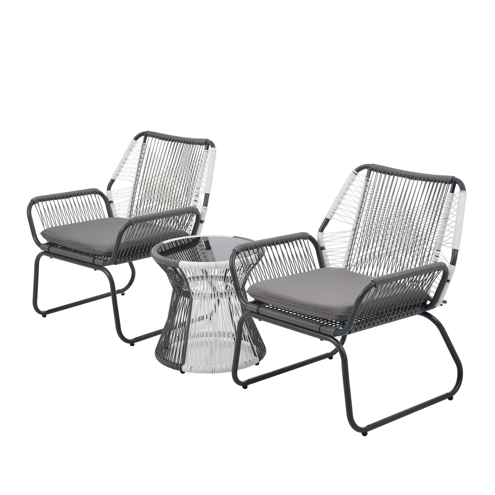 【国内発送,送.料無料】2025新作 ガーデンファニチャー テーブル 3点セット 2脚　ガーデン ベランダ ガーデンチェア セットテーブルセット クッション付 ホワイト×グレー