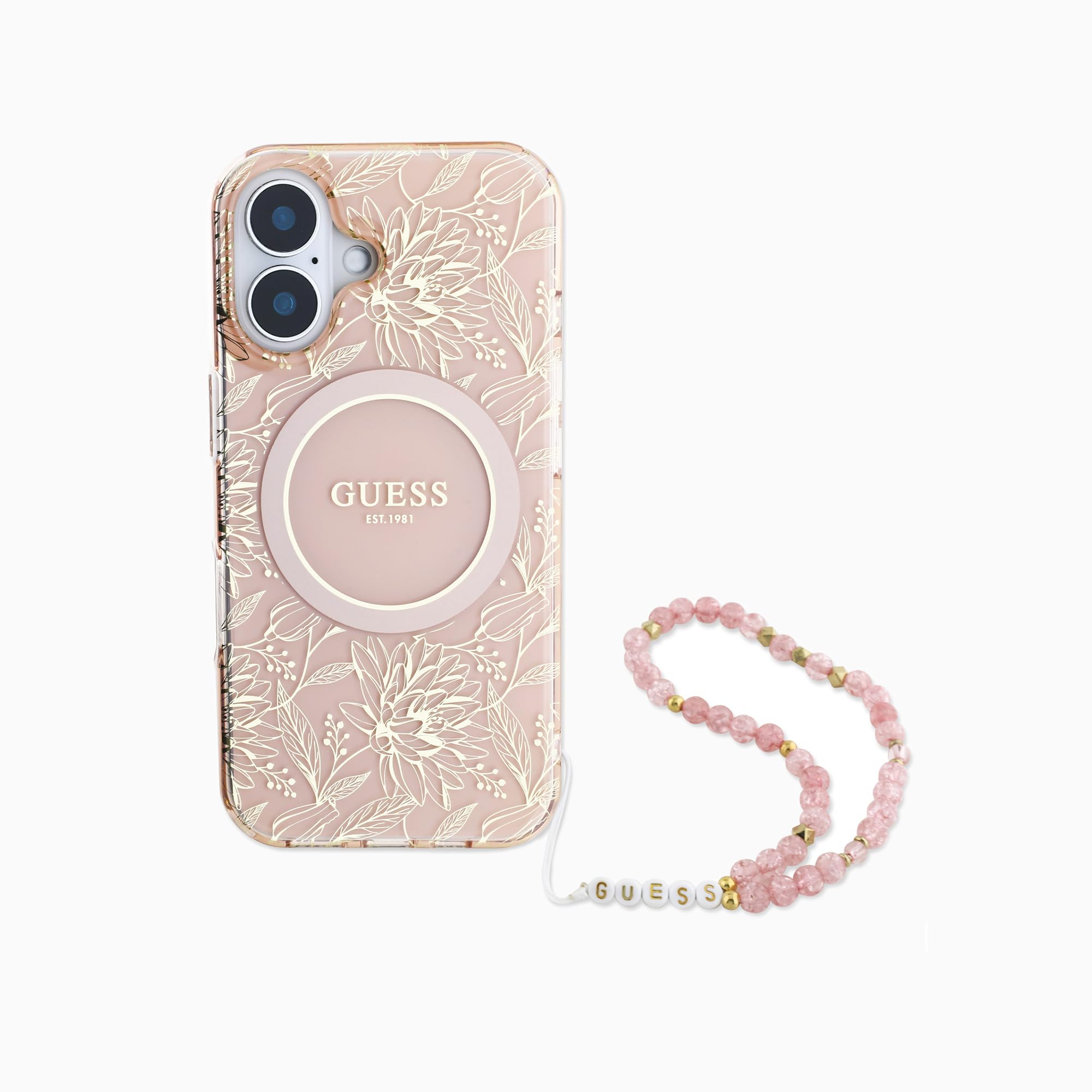 GUESS iPhone16用 ケース MagSafe対応 パールストラップ付き （ピンク） 6,320円