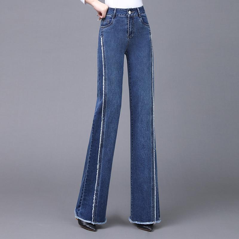 パンツ レディース ボトムス デニム 秋冬 ハイウエスト ワイド レッグ ジーンズ ストレート レッグ ダーク ブルー トランペット 大きいサイズ フロア レングス